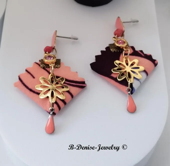 Original boucles Puce en resine  !! DIAMOND FLOWER DROP !! En Acier Resine tissu wax T:3.5cm x 6cm