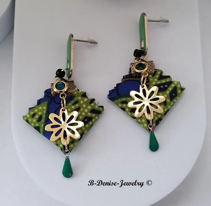 Original boucles Puce en resine !!DIAMOND FLOWER DROP !! En Acier Resine tissu wax T:3.5cm x 6.5cm 