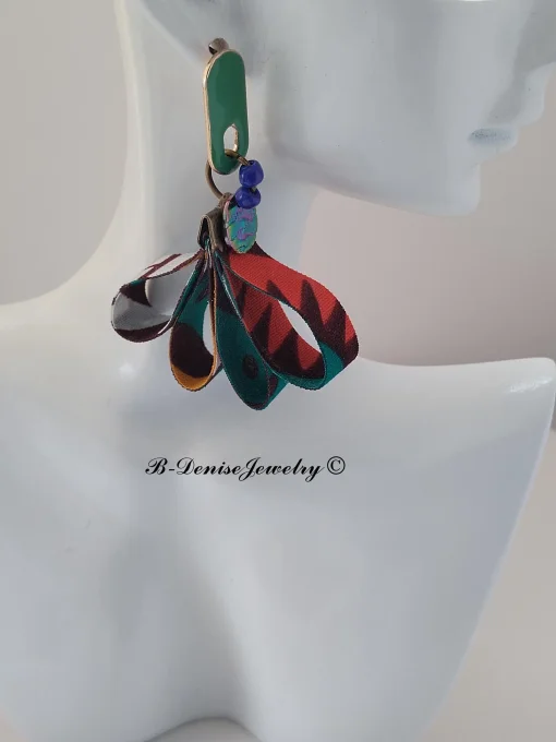 Originales Boucles d'orielles Puce ethnic !! TULIPS !! en tissu wax bois et acier T: 5.5cm x 3cm - C