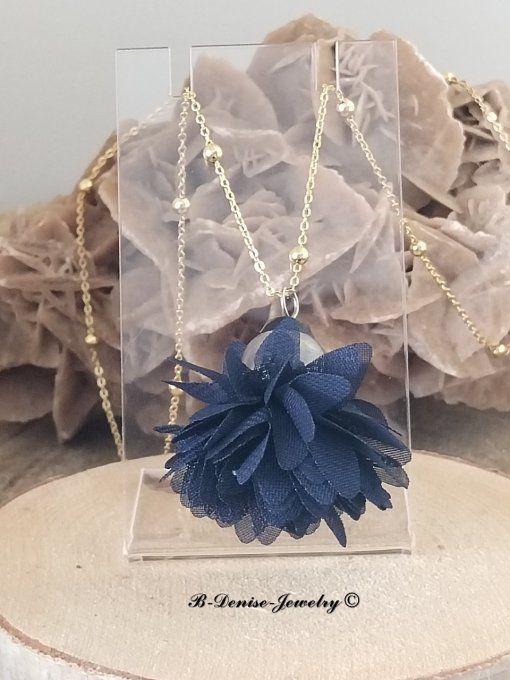 Original necklace Chaine en Laiton placage dore 18KT Aprets Fleur bleu tissu Bleu T:46cm B-Denise
