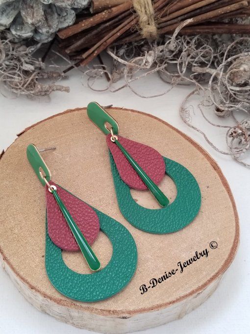 Original boucles Puce oval en résine !! TEARDROPS !! en cuir Rouge Vert T:6.5cm x 3.5cm so chic