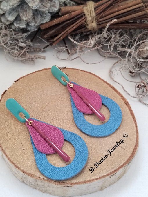 Original boucles Puce oval en résine !! TEARDROPS !! en cuir Bleu Rose T:6.5cm x 3.5cm so chic 