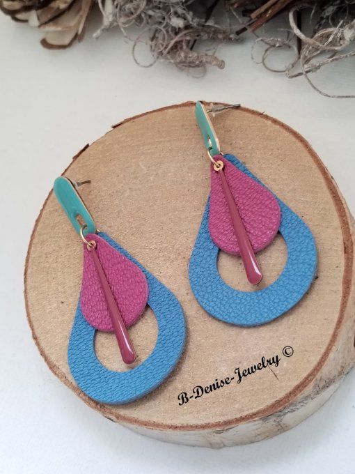 Original boucles Puce oval en résine !! TEARDROPS !! en cuir Bleu Rose T:6.5cm x 3.5cm so chic 