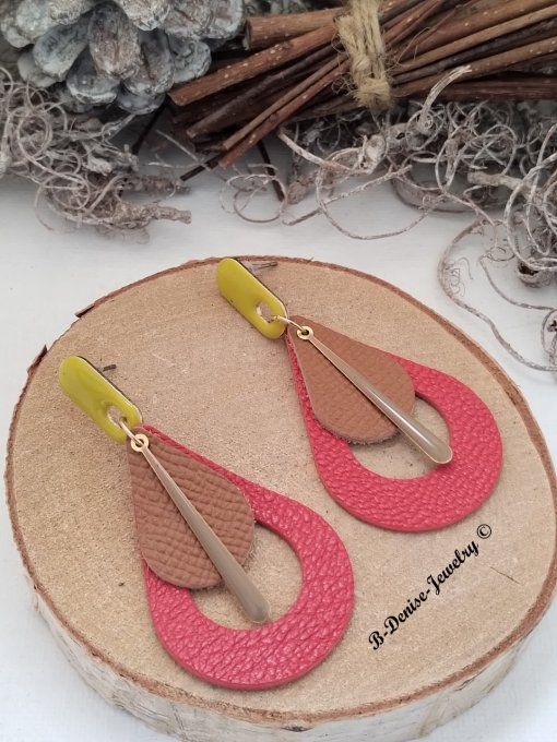 Original boucles Puce oval en résine !! TEARDROPS !! en cuir Rouge marron jaune T:6.5cm x 3.5cm 