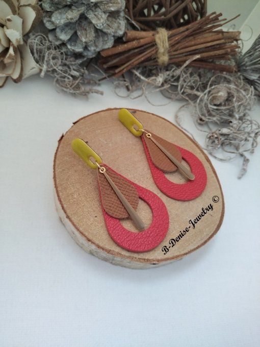 Original boucles Puce oval en résine !! TEARDROPS !! en cuir Rouge marron jaune T:6.5cm x 3.5cm 