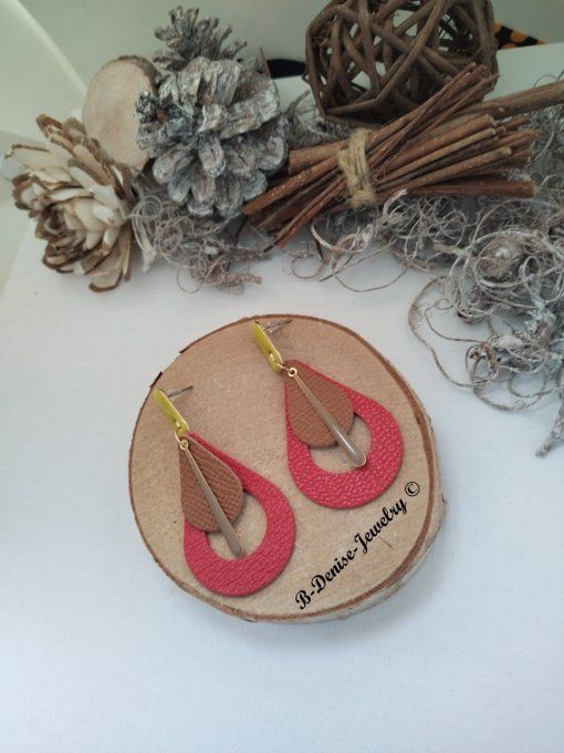 Original boucles Puce oval en résine !! TEARDROPS !! en cuir Rouge marron jaune T:6.5cm x 3.5cm 