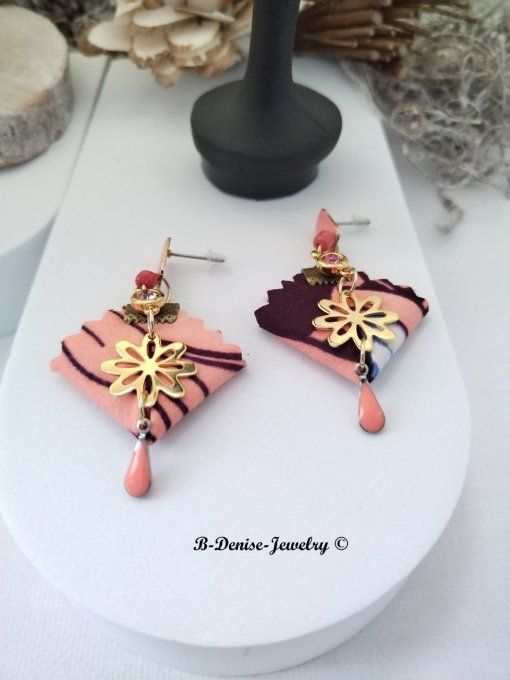 Original boucles Puce en resine  !! DIAMOND FLOWER DROP !! En Acier Resine tissu wax T:3.5cm x 6cm