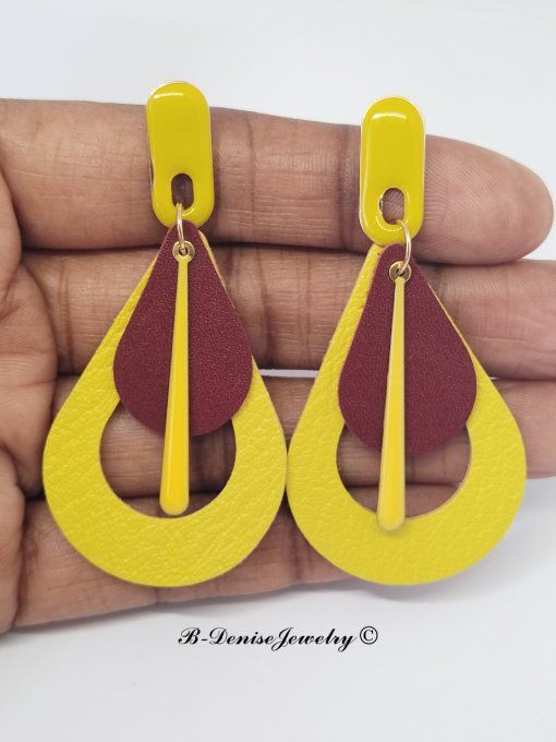 Original boucles Puce oval en résine !! TEARDROPS !! en cuir Marron jaune T:6.5cm x 3.5cm  