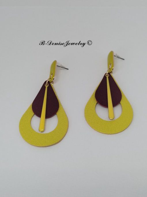 Original boucles Puce oval en résine !! TEARDROPS !! en cuir Marron jaune T:6.5cm x 3.5cm  