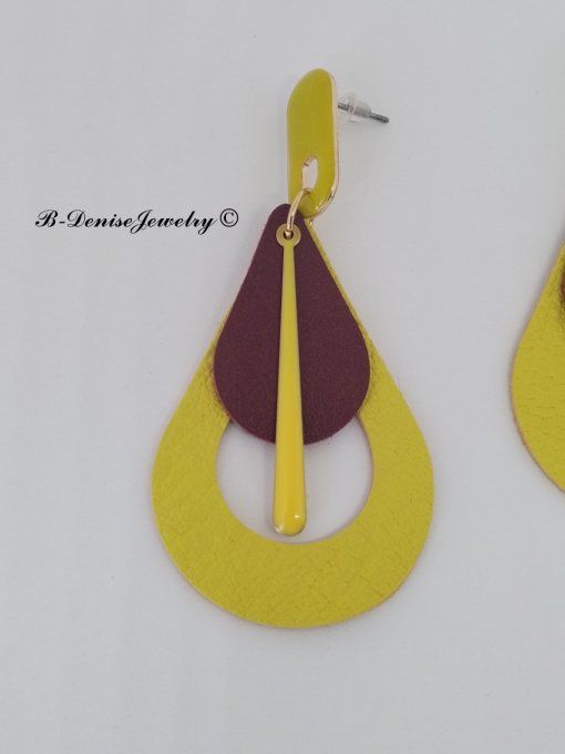 Original boucles Puce oval en résine !! TEARDROPS !! en cuir Marron jaune T:6.5cm x 3.5cm  