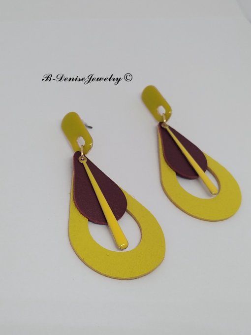 Original boucles Puce oval en résine !! TEARDROPS !! en cuir Marron jaune T:6.5cm x 3.5cm  