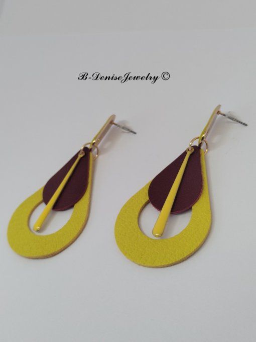 Original boucles Puce oval en résine !! TEARDROPS !! en cuir Marron jaune T:6.5cm x 3.5cm  