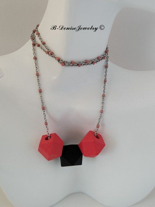 Collier en Acier Inoxydable avec Perle Hexagonale en Bois Longueur 45 cm Collection B-Denise Jewelry
