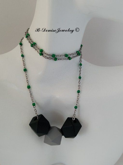 Collier en Acier Inoxydable avec Perle Hexagonale en Bois Longueur 45 cm Collection B-Denise Jewelry