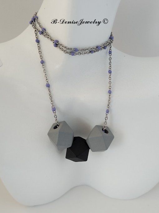 Collier en Acier Inoxydable avec Perle Hexagonale en Bois Longueur 45 cm Collection B-Denise Jewelry