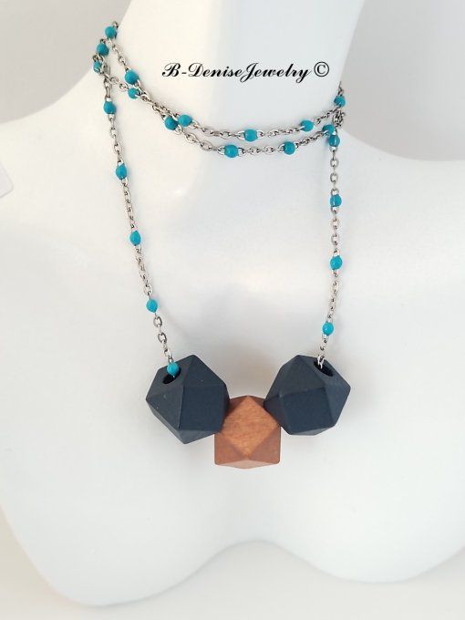 Collier en Acier Inoxydable avec Perle Hexagonale en Bois Longueur 45 cm Collection B-Denise Jewelry