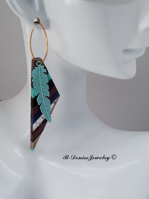 Boucles créoles originales ethnic en acier inoxydable doré !Pendentif en bois et résine multicolore.