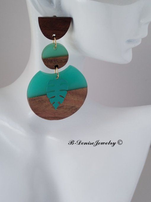 Boucles d'oreilles originales Puce en bois demi circle marron pendentif Vert marron en bois Resine