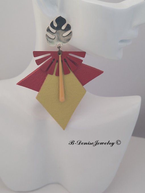 Original boucles d'oreilles Puce Plaque Or 18KT !!EAGLE MONSTERA!! En Cuir Resine Rouge Jaune Dore