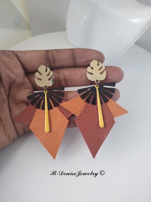 Original boucles d'oreilles Puce Plaque Or 18KT !!EAGLE MONSTERA!! En Cuir Resine orange marran dore
