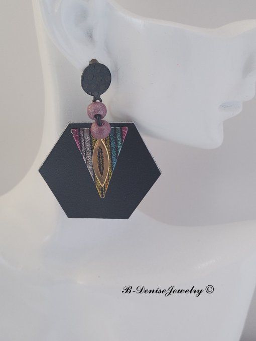 Original boucles d'oreilles Puce en Acier Inoxydable Noir !!HEXAGONE!! En Cuir Noir violet Dore