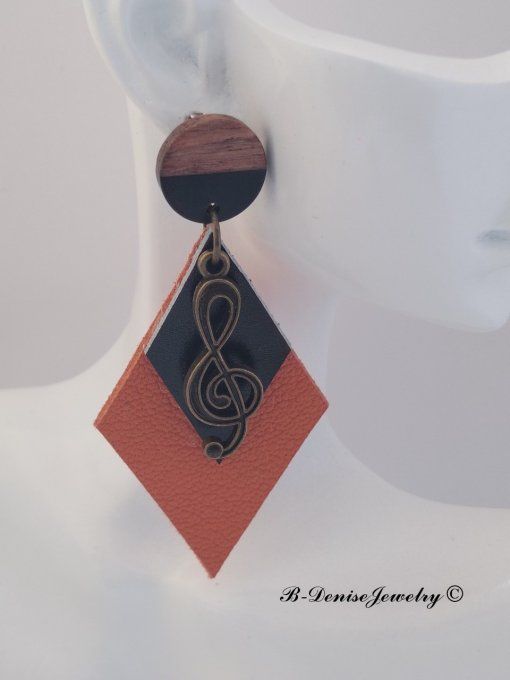 Original boucles d'oreilles Puce en bois resine !! MUSIC !! En Cuir Noir Orange jaune et Bronze T:7