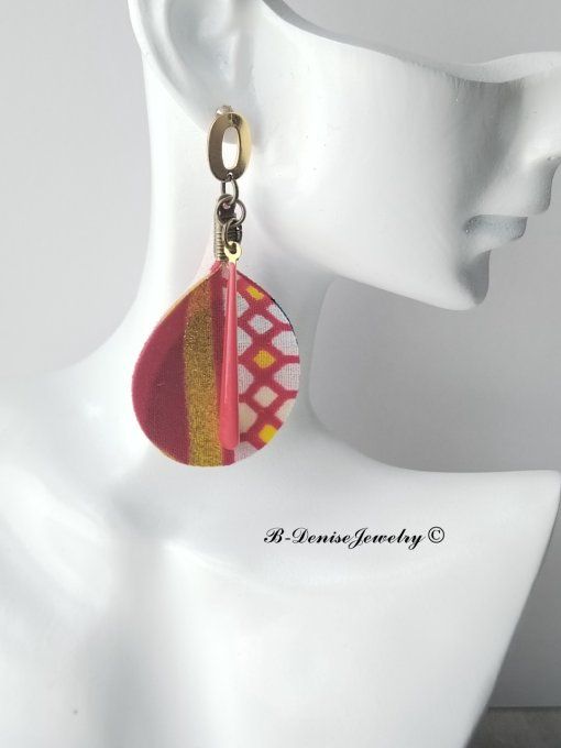 Originales boucles d’oreilles puce ethnic femme !! TULIPS !! En Acier inoxydable Résine et tissu wax