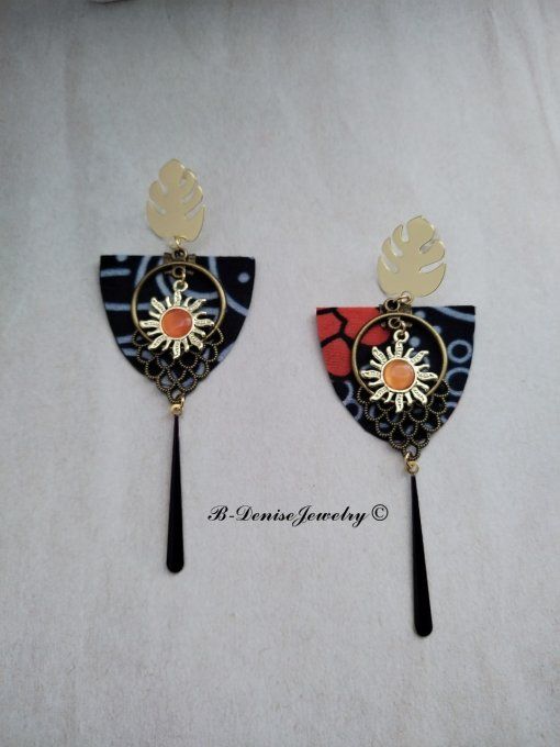 Boucles D'oreilles en Tissu Wax Puce Monstera Plaque Or 18KT !! SUN CHANDELIER !! En Tissu Wax T:4cm