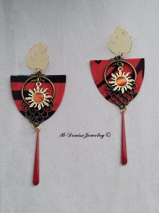 Boucles D'oreilles en Tissu Wax Puce Monstera Plaque Or 18KT !! SUN CHANDELIER !! En Tissu Wax T:4cm